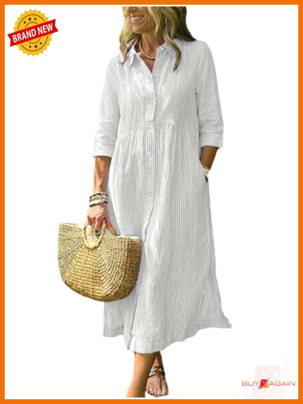 Boho Striped Button Down Midi Shirt Dress 3/4 Sleeve A-Line Cotton